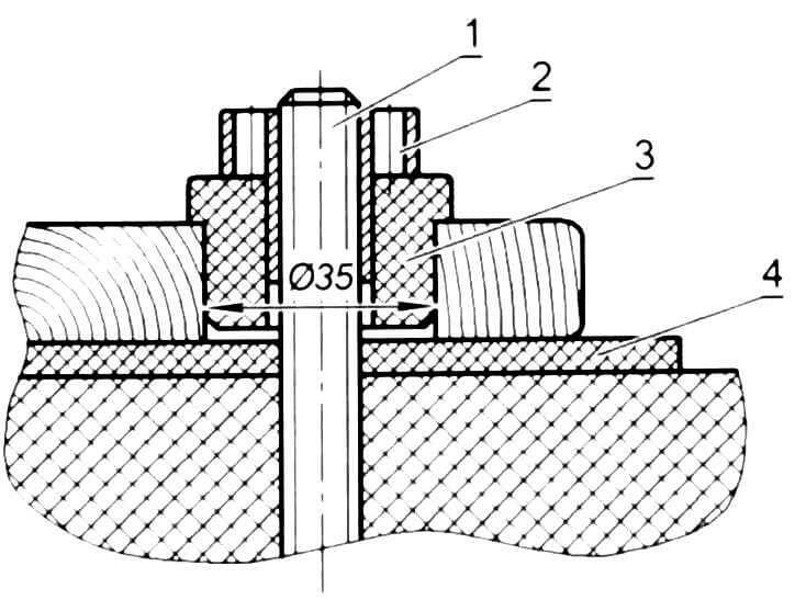 Резинометаллическая втулка креплении мостка: 1 - шпилька M12; 2- гайка; 3 -эластичная втулка (резина); 4 - прокладка (резина)