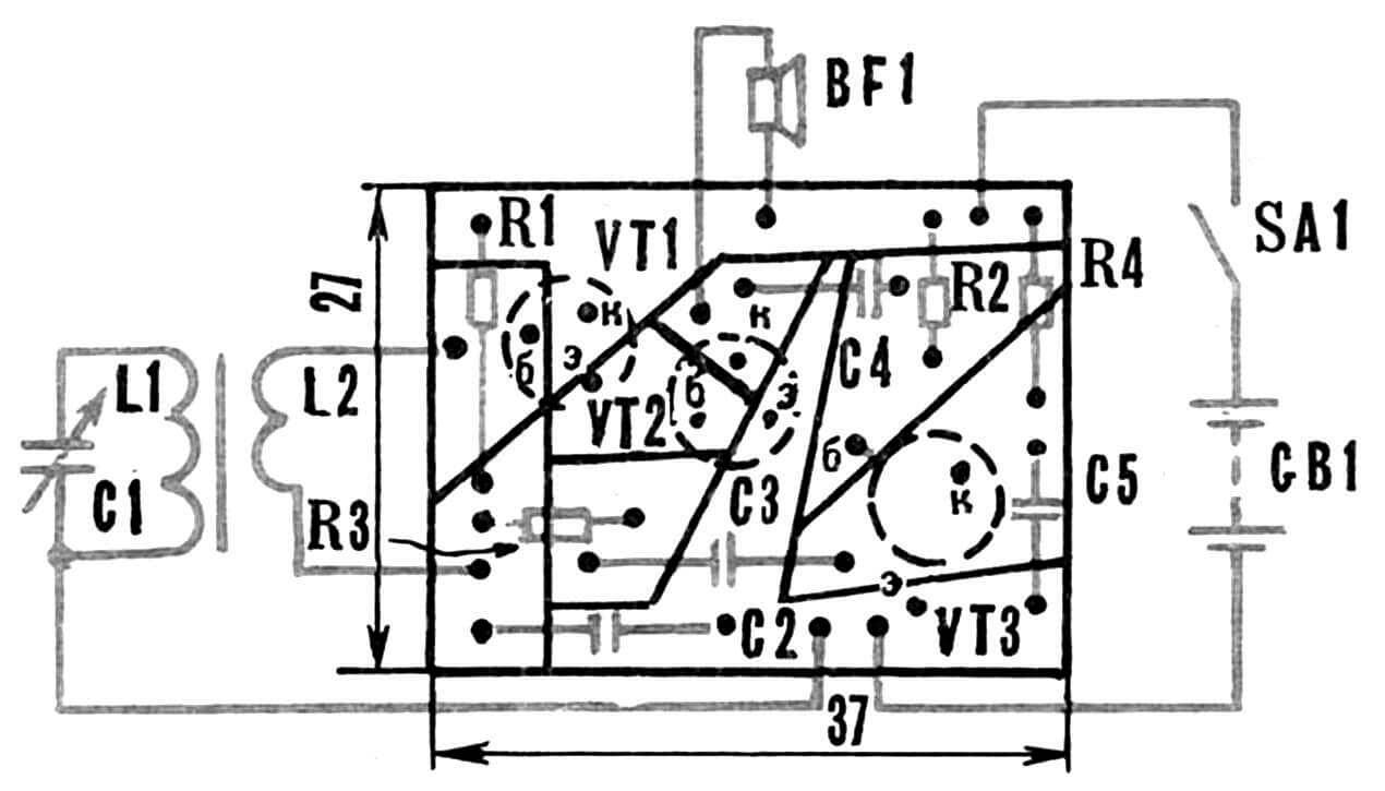 Рис. 5. Печатная плата с указанием расположения на ней (и подключения извне) радиоэлементов схемы.