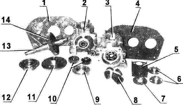 Фото 2. Детали и узлы двигателя Д-30 с камазовским редуктором (в скобках указаны номера позиций на рис.2):