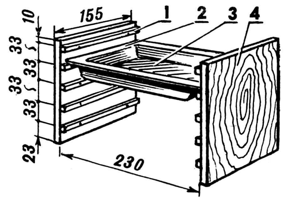 Устройство кассетницы: 1 — направляющая (опорная) рейка, 2 — опорный буртик кюветы, 3 — кювета, 4 — боковая панель (остальные условно не показаны).