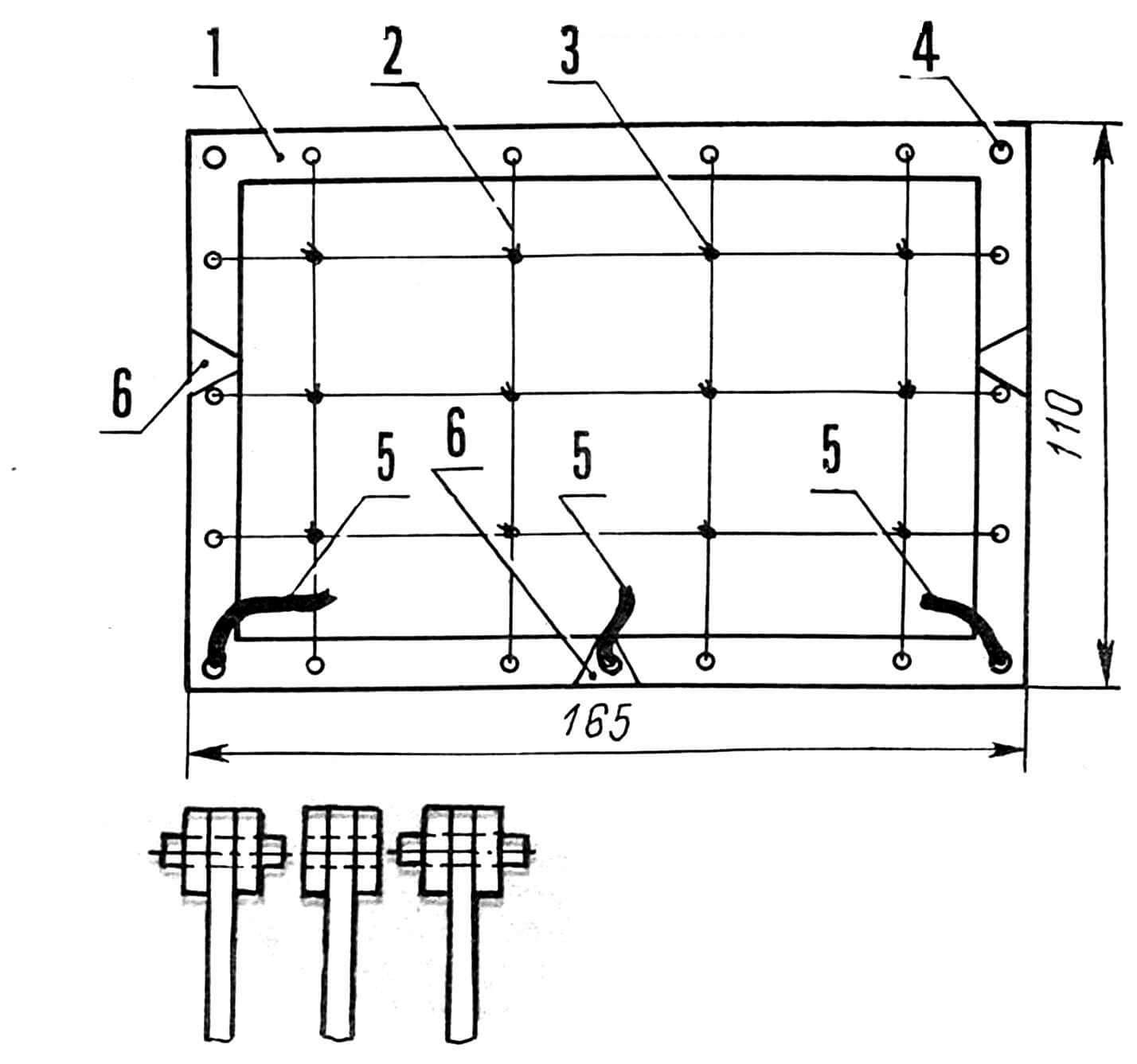 Рис. 2. Рамка-пластина кассеты: 1— рамка, 2 — леска (ø 0,6...0,9), 3 — узел на перекрестии лесок, 4 — отверстие под штифт, 5 — резинка-«петля», 6 — опорные уголки жесткости.