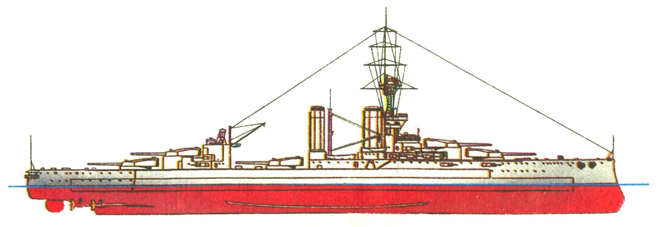 172. Линейный корабль «КИНГ ДЖОРДЖ V», Англия, 1912 г. Заложен и спущен на воду в 1911 г. Водоизмещение нормальное 23 000 т, полное 25 700 т. Длина наибольшая 182,1 м, ширина 27,1 м, осадка 8,7 м. Мощность 4-вальной турбинной установки 31 000 л. с., скорость 21 уз. Броня и вооружение — как на «Орионе». Всего построено 4 единицы: «Кинг Джордж V», «Центурион», «Аякс» и «Одейшес» (последние три — 1913 г.).