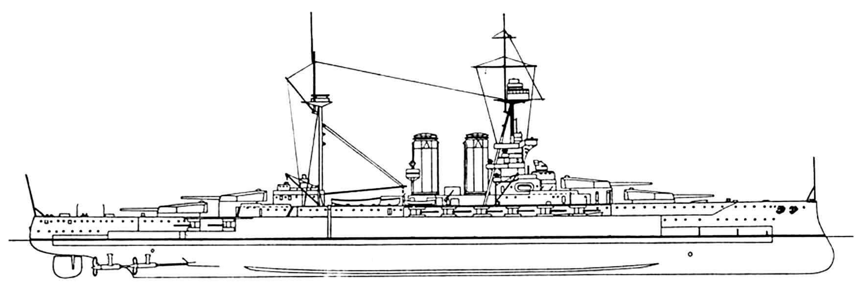 173.Линейный корабль «КУИН ЭЛИЗАБЕТ», Англия, 1915 г. Заложен в 1912 г., спущен на воду в 1913 г. Водоизмещение нормальное 27 500 т, полное 31 500 т. Длина наибольшая 196,8 м, ширина 27,6 м, осадка 8,8 м. Мощность 4-вальной турбинной установки 56 000 л. с., скорость 23—24 уз. Броня: пояс 330-152 мм, траверзы 152-102 мм, барбеты 254-1 02 мм, башни до 330 мм, рубка 280 мм, палубы в сумме до 95 мм. Вооружение: восемь 381 -мм и шестнадцать 152-мм орудий, две 76-мм зенитные и четыре 47-мм салютные пушки, 4 торпедных аппарата. Всего построено 5 единиц: «Куин Элизабет», «Уорспайт», «Бархэм» (1915 г.), «Вэлиент» и «Малайя» (1916 г.). Все корабли, кроме головного, несли по четырнадцать 152-мм орудий.