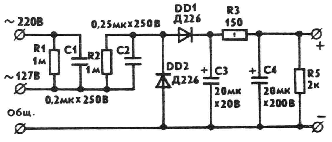 Принципиальная электрическая схема устройства подзарядки гальванических элементов.