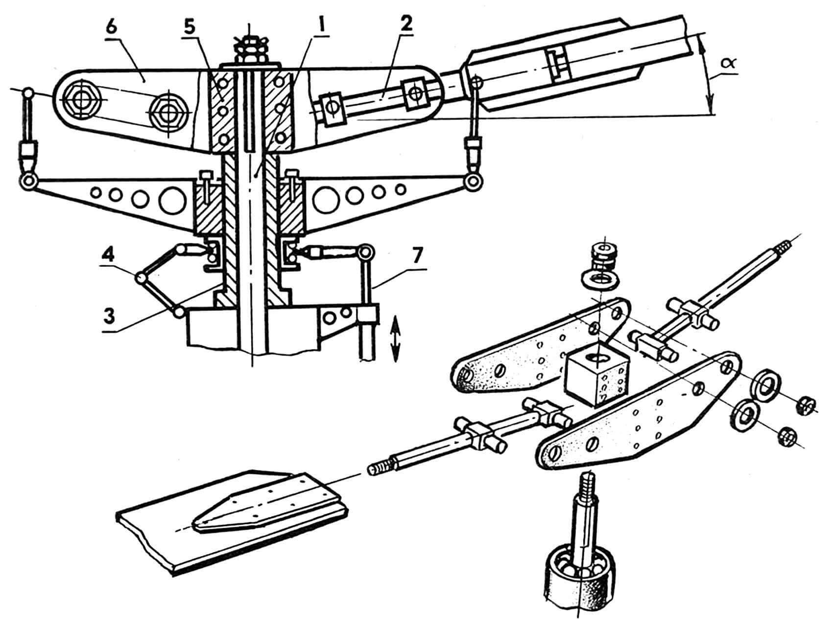 Rice. 6. Main rotor hub with blade angle mechanism: 1 — rotor shaft, 2 — horizontal hinge axis, 3 — cup, 4 — spline joint, 5 — hub hub, 6 — traverse, 7 — propeller pitch control rod.