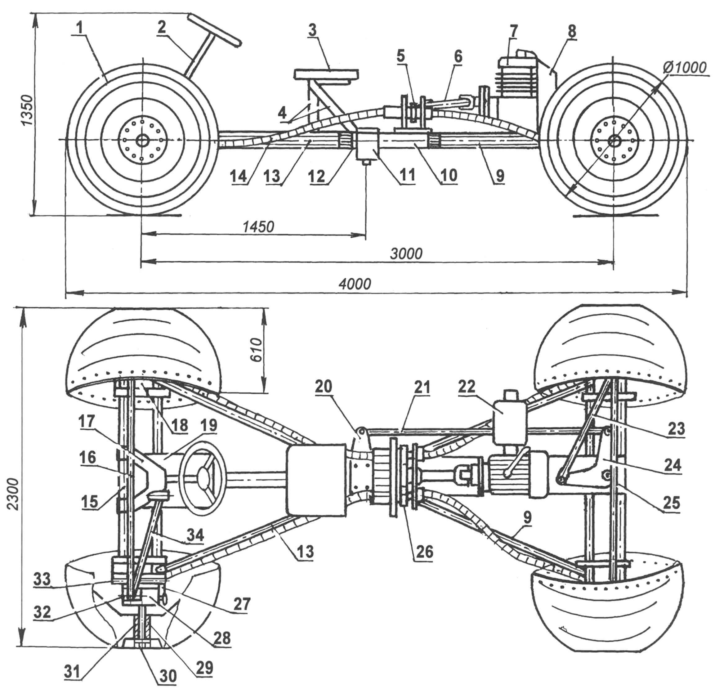 Компоновка и геометрическая схема вездеходного транспортного средства: 1 - колесо; 2 - рулевой механизм (от автомобиля ЗАЗ-968);