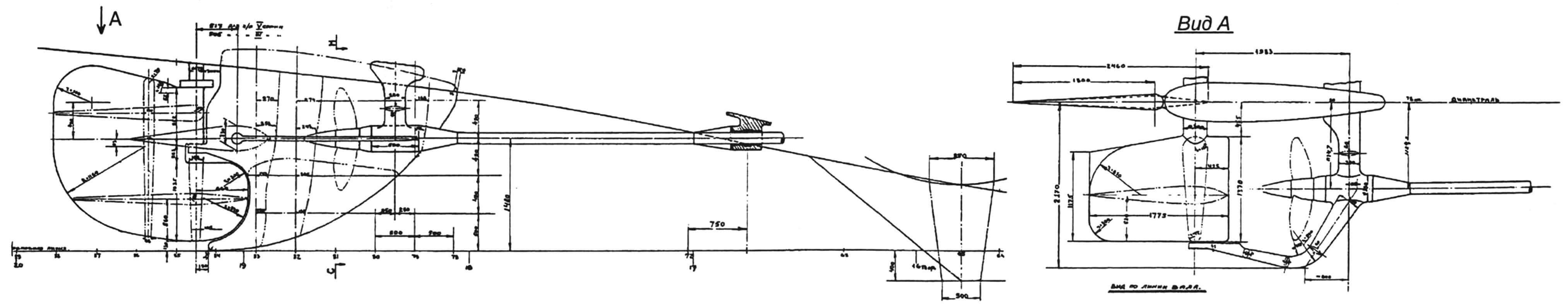 Подлинный чертеж расположения гребных винтов, вертикального и горизонтальных рулей (на «щуках» всех серий оно было одинаковым)