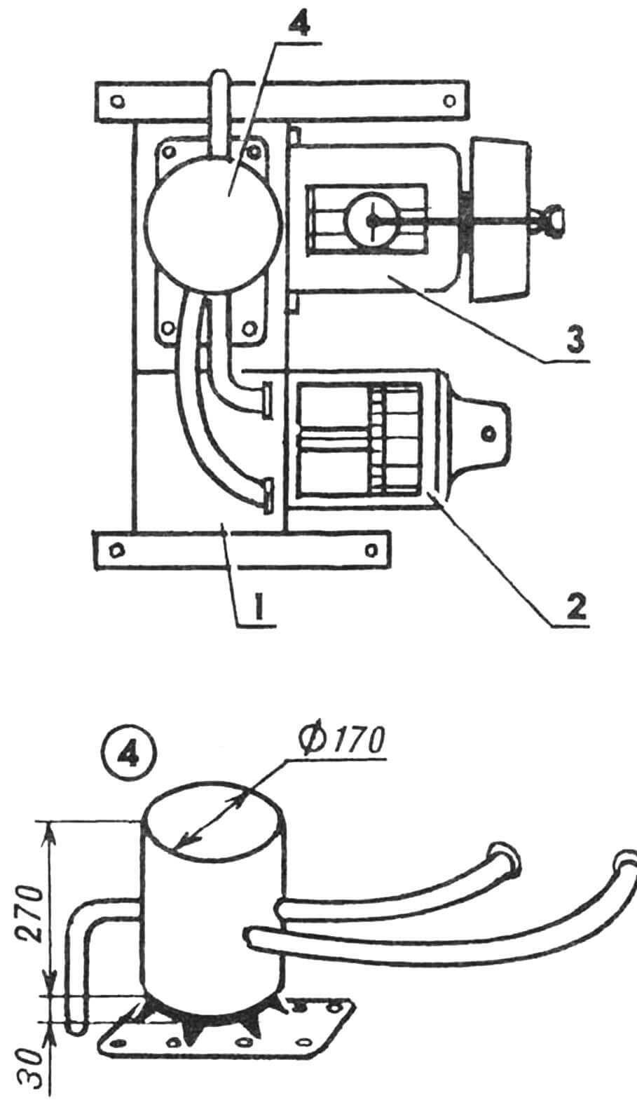 Схема стыковки редуктора (1) с механизмом сцепления (2), коробкой перемены передач (3) и самодельным глушителем (4)