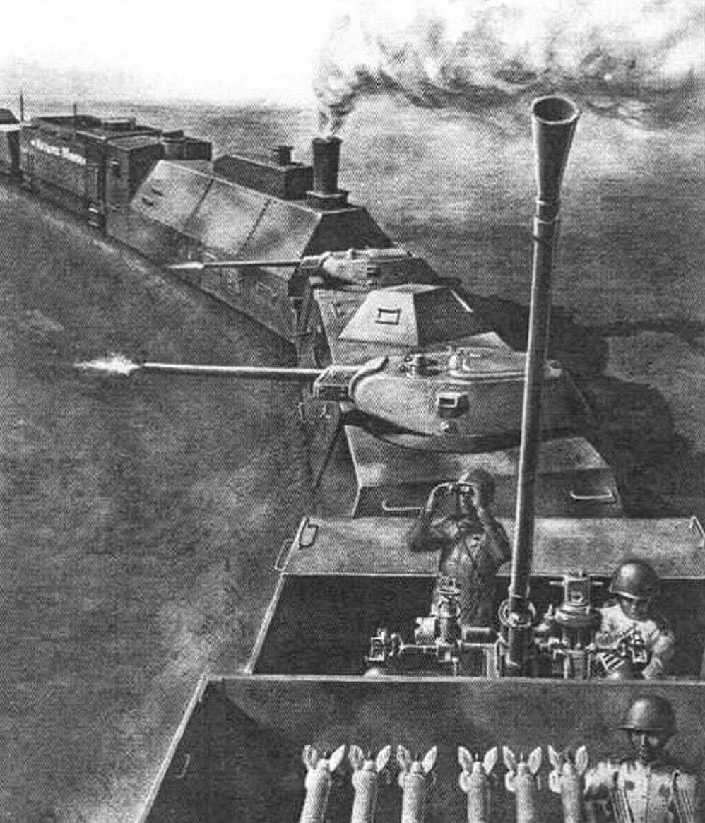 «Крепость на колесах» -бронепоезд «Козьма Минин» (рисунок М. Петровского)