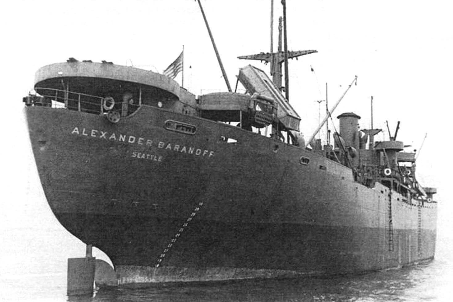 Транспорт «Alexander Baranoff», недолго служивший в советском флоте под наименованием «Валерий Чкалов». В конце 1943 года судно во время шторма разломилось на части, но было спасено и позднее восстановлено