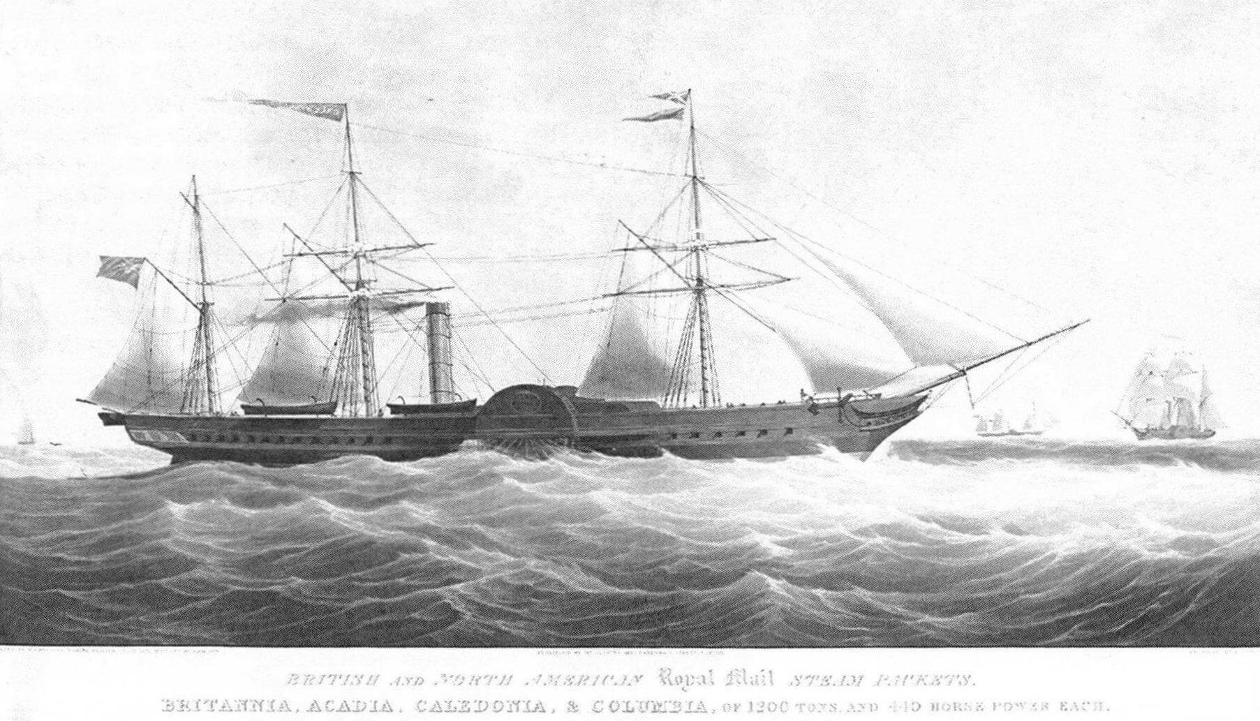 Литография, на которой изображен один из первых лайнеров «Бритиш энд Норт Америэн Рой-ял Мейл Стим Пакет Компании». В оригинальной англоязычной подписи указаны названия всех четырех судов - «Britannia», «Acadia», «Caledonia» & «Columbia»