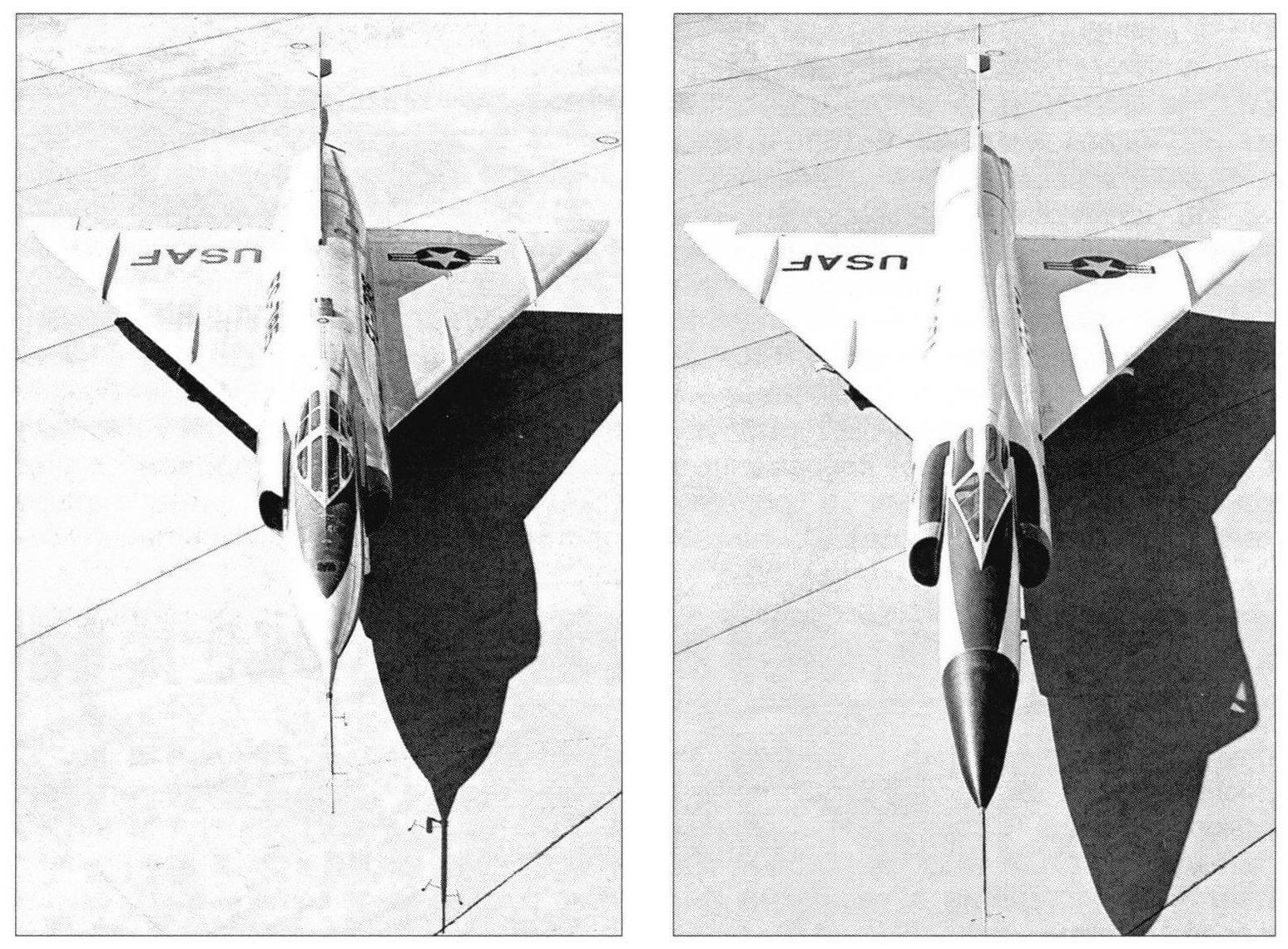 Слева - исходный YF-102, справа - кардинально переделанный в соответствии с правилом площадей самолет YF-102А. В районе крыла удлиненный фюзеляж получил «осиную талию», также удлинены воздуховоды, а кабина сужена