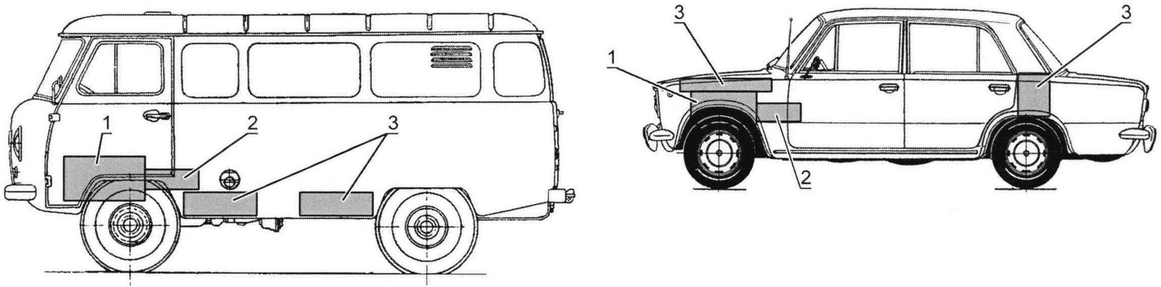 Схема расположения основных узлов электромобиля на базе заднеприводного седана и электромобиля вагонной компоновки