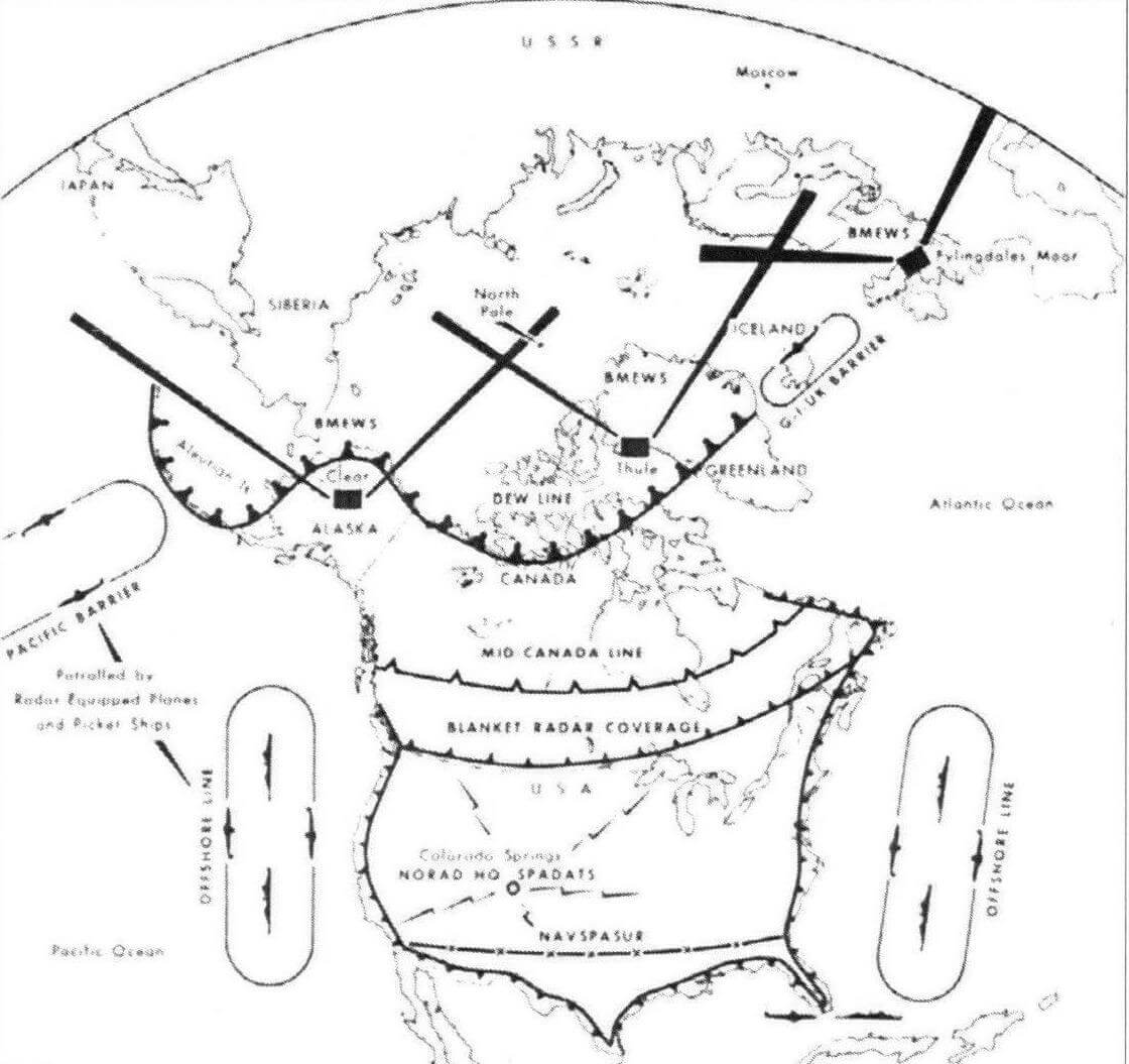 Схема размещения линий РЛС системы ПВО Североамериканского континента