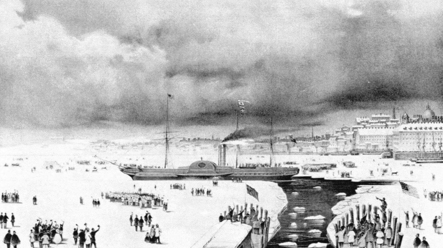 «Британния» выхолит из Бостона по каналу, проделанному горожанами во льду, 3 февраля 1844 года