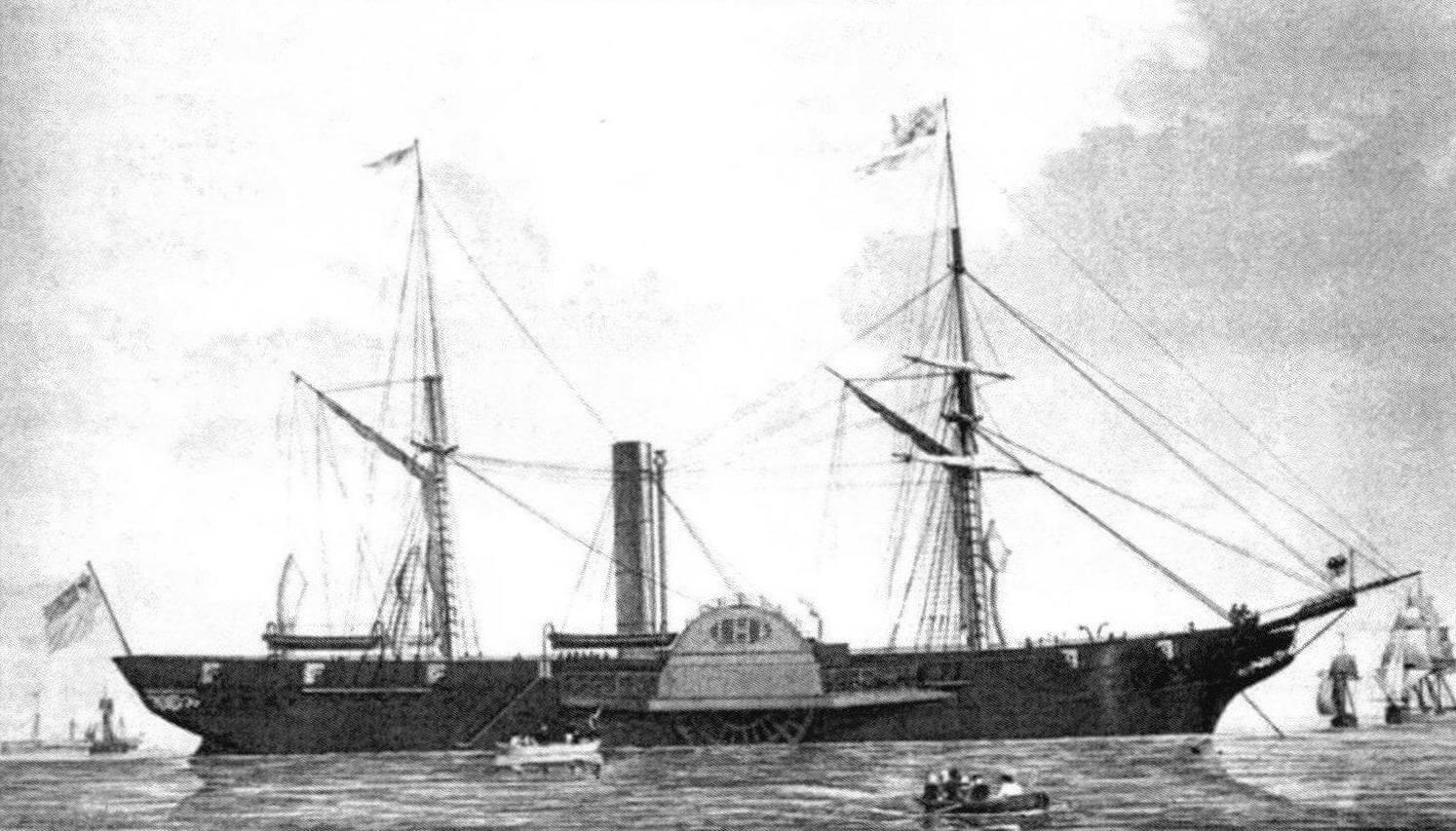 Пароходофрегат «Барбаросса» в море на ходу с поставленными парусами и на якорной стоянке