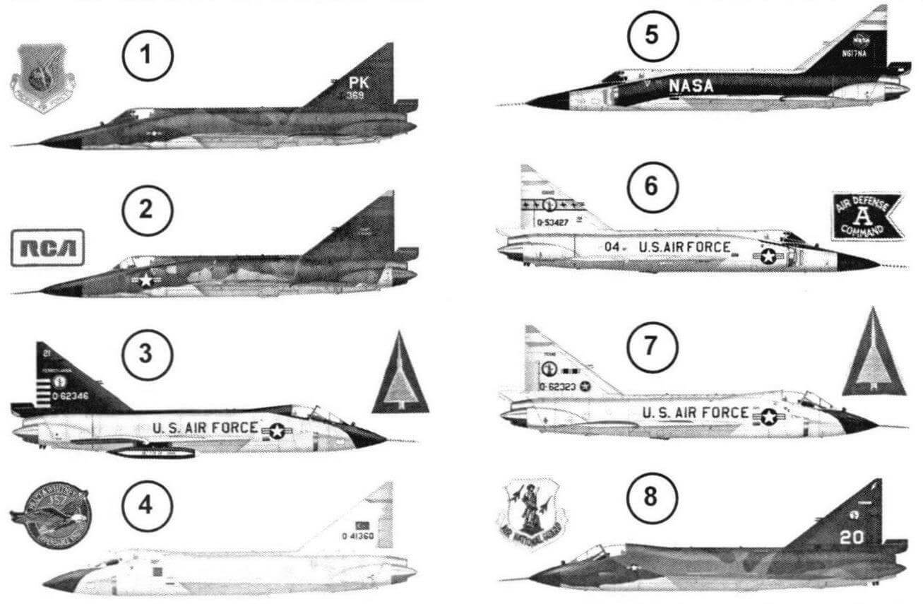 1.«Конвэр» F-102A-41-C0 «Двойка» (модель 8-10, с.н. 55-3369) из 509-й эскадрильи PACAF, проходивший службу во Вьетнаме. Самолет имеет не типичную окраску, принятую в ВВС США, а так называемый камуфляж «Малая Азия». Верхние поверхности покрыты неправильными пятнами трех цветов: зеленый, темно-зеленый и коричневый. Нижние поверхности - светло-серые. Все цвета матовые. 2. Беспилотная мишень QF-102A, переделанная из самолета F-102A-75-CO (с.н. 56-1347). Это вторая из первых двух машин, переоборудованная фирмой Sperry Rand Corp. Данный самолет не использовался в качестве мишенив реальных полетах на боевое применение, а участвовал в разного рода испытаниях на авиабазе в Сан-Антонио. Пилот находился на борту, но не вмешивался в управление. 3. «Ванна» из 112-й эскадрильи Национальной гвардии Пенсильвании. В ноябре 1960 года эти самолеты заменили устаревшие F-86L, на аэродроме Большого Питсбурга. В 1975 году эскадрилью перевели в Тактическое командование с перевооружением на самолет А-70. В период 1960-1975 годов подразделение летало на своих «Двойках» и «Ваннах» с килями, окрашенными в черный цвет. Остальные поверхности - светло-серые. 4. Первые три машины F-102А/ТF-102А ВВС Турции получили в июне 1968 года и разместили их на базе Мартед. Одна из них-«Ванна» TF-I02A (с.н. 54-1360). Всего в Турцию было поставлено 35 одноместных самолетов и шесть двухместных. Все они имели стандартную светло-серую окраску. 5. F-102A «Двойка» (борт. н. N617NA), принадлежащая NASA. Помимо прочих экспериментов, на этом самолете летали будущие астронавты, проходившие подготовку по проекту «Меркурий», в частности: Гордон Купер и Верджил Гриссом. 6. F-102A, (с.н. 0-53427) имел цвет натурального металла на всех поверхностях. Полоса на киле, гребнях крыла и на кромках воздухозаборников была светло-желто-зеленой. Эмблема Национальной гвардии на полосе и надпись АЙДАХО на киле говорят о том, что самолет принадлежит 109-й эскадрильи истребителей-перехватчиков Национальной гвардии Айдахо. 7. Подобно большинству F-102, этот TF-102A (с.н. 60-62323) из 111-й эскадрильи Национальной гвардии Техаса, имел серую окраску всех поверхностей. На киле - эмблема Национальной гвардии и «Одинокая Звезда» Техаса. Одним из курсантов, пилотировавших этот TF-102, был лейтенант Буш, ставший впоследствии президентом США. 8. TF-102 (с.н. 56-2329, борт. и. «Белая 20»), из 159-й эскадрильи Национальной гвардии Флориды. Самолет имел «морской» камуфляж, состоящий из пятен темно-зеленого, светло-зеленого и светло-серого цветов. Машины, получившие такую окраску, предназначались для войны в Юго-Восточной Азии. Обратите внимание на маленькую молнию на вершине киля.