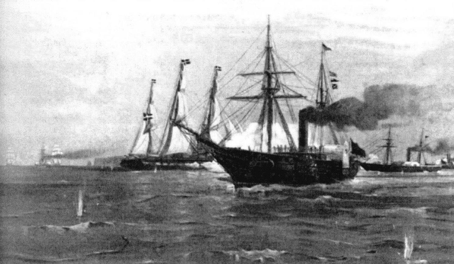 Бой у Гельголанда между отрядом германских кораблей и датским корветом «Валькириен» 4 июня 1849 года. На переднем плане - пароходофрегат «Барбаросса», флагманский корабль контр-адмирала Бромми