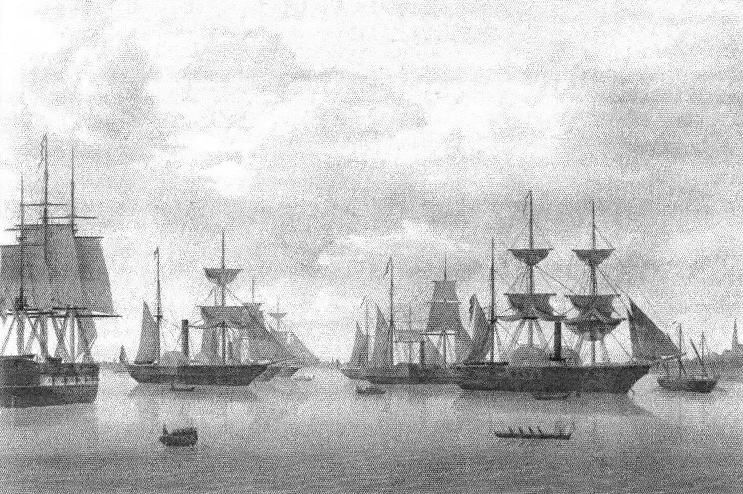 Рейхсфлот в 1850 году в Бремерхафене: «Дойчланд», «Гамбург», «Бремен», «Любек», «Барбаросса», «Дер Кониглихе Эрнст Август» и «Ганза» (слева направо)