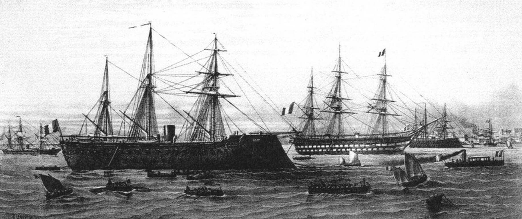 Броненосец «Мажента» и линейный корабль «Наполеон» на рейде Бреста