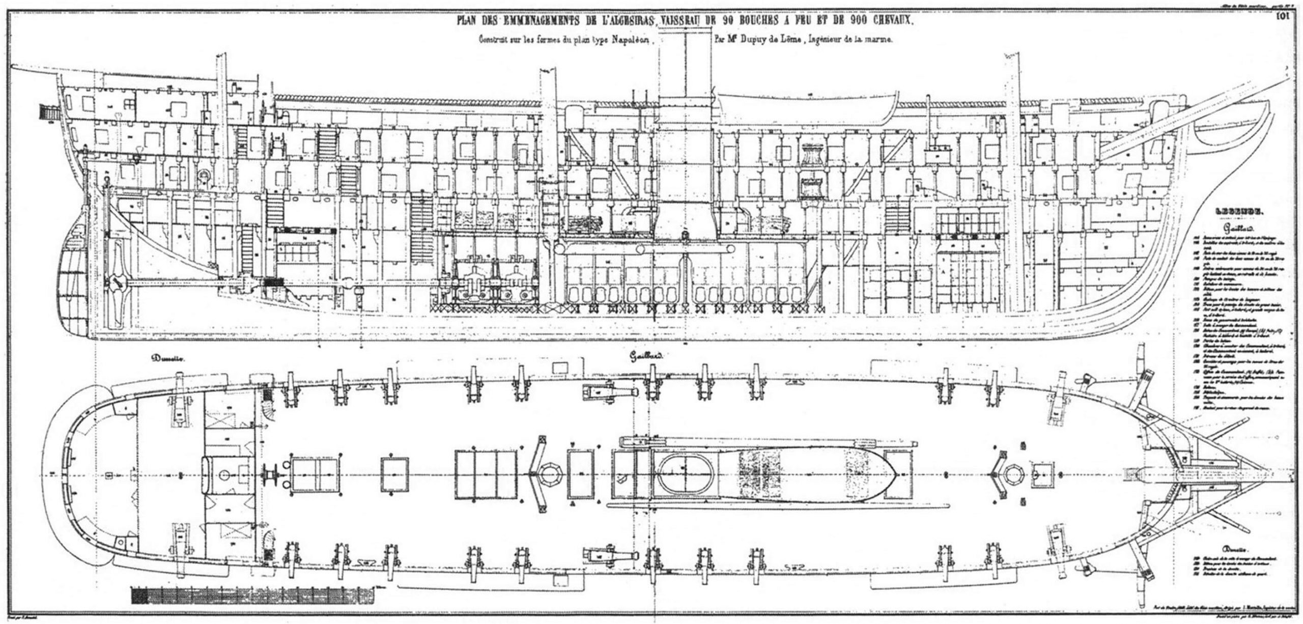 Копия подлинного чертежа винтового линейного корабля «Наполеон». Сечения по шпангоутам и план трюма
