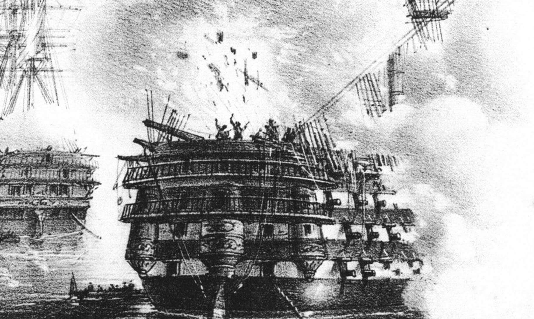 Эпизод бомбардировки Севастополя 17 октября 1854 года: попадание русской бомбы во французский флагманский корабль «Вилль де Пари»