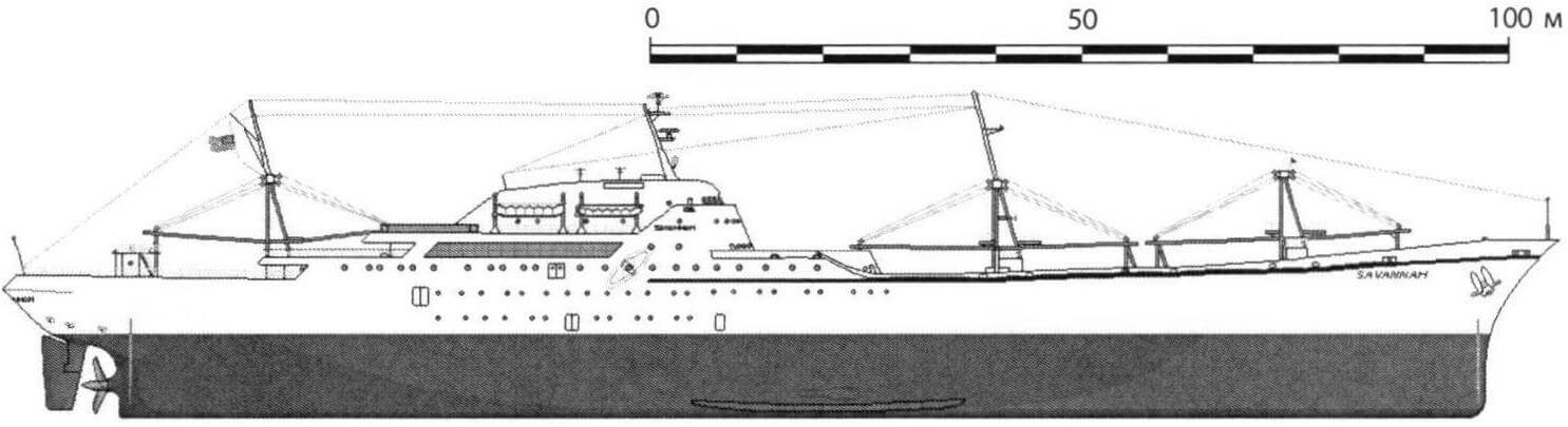 Построенное по программе «Мирный атом» грузопассажирское судно «Саванна» (вид сбоку и модель)