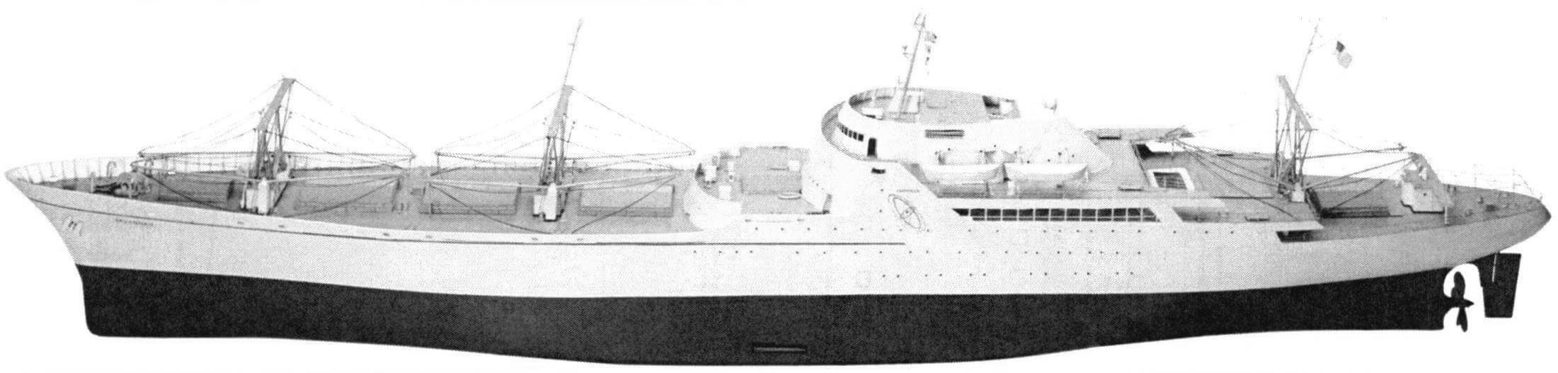Построенное по программе «Мирный атом» грузопассажирское судно «Саванна» (вид сбоку и модель)