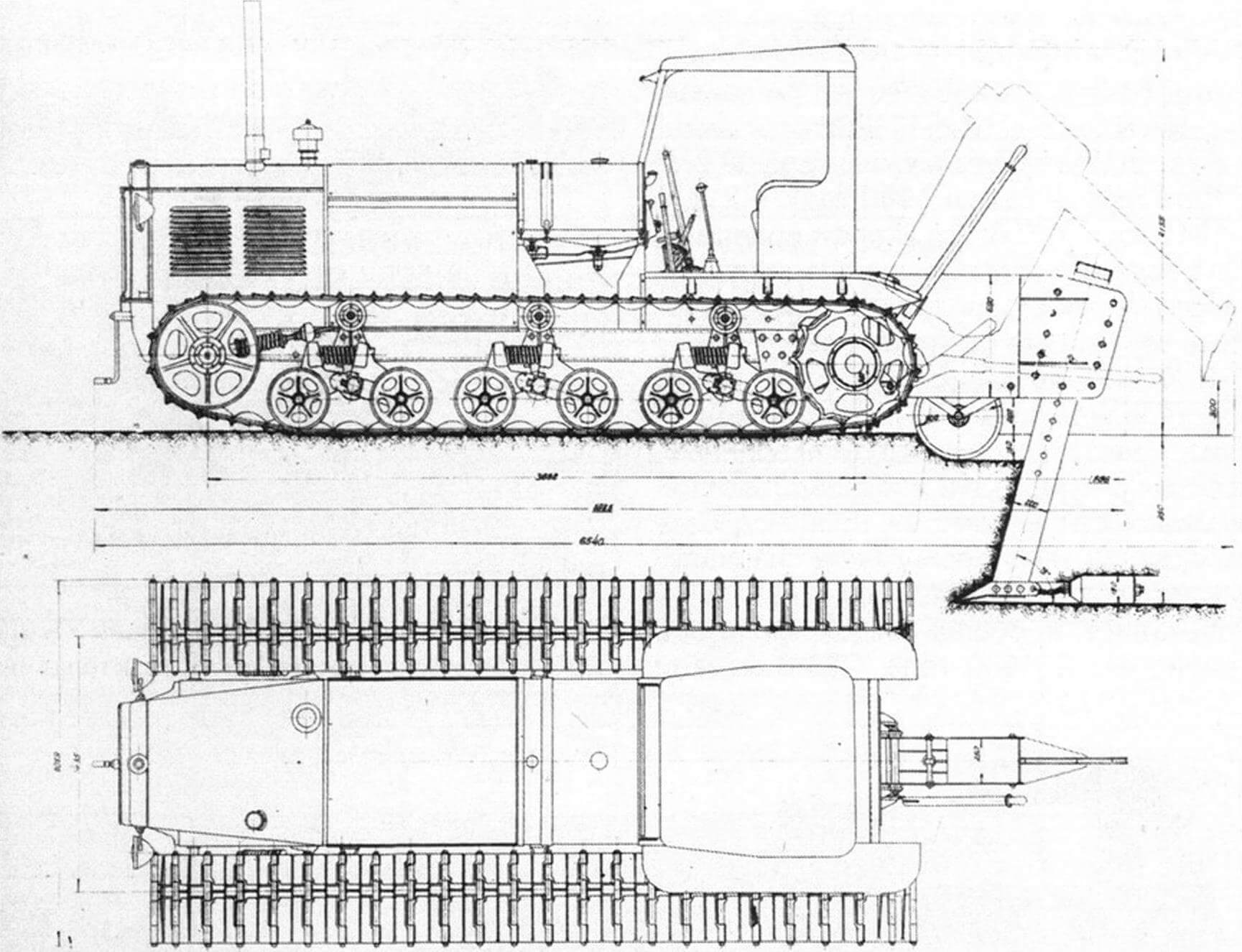 Дренажно-кротовый плуг ДП-2, установленный на трактор СТЗ-8М (копия оригинального чертежа Всесоюзного научно-исследовательского института торфяной промышленности, 1942 год)