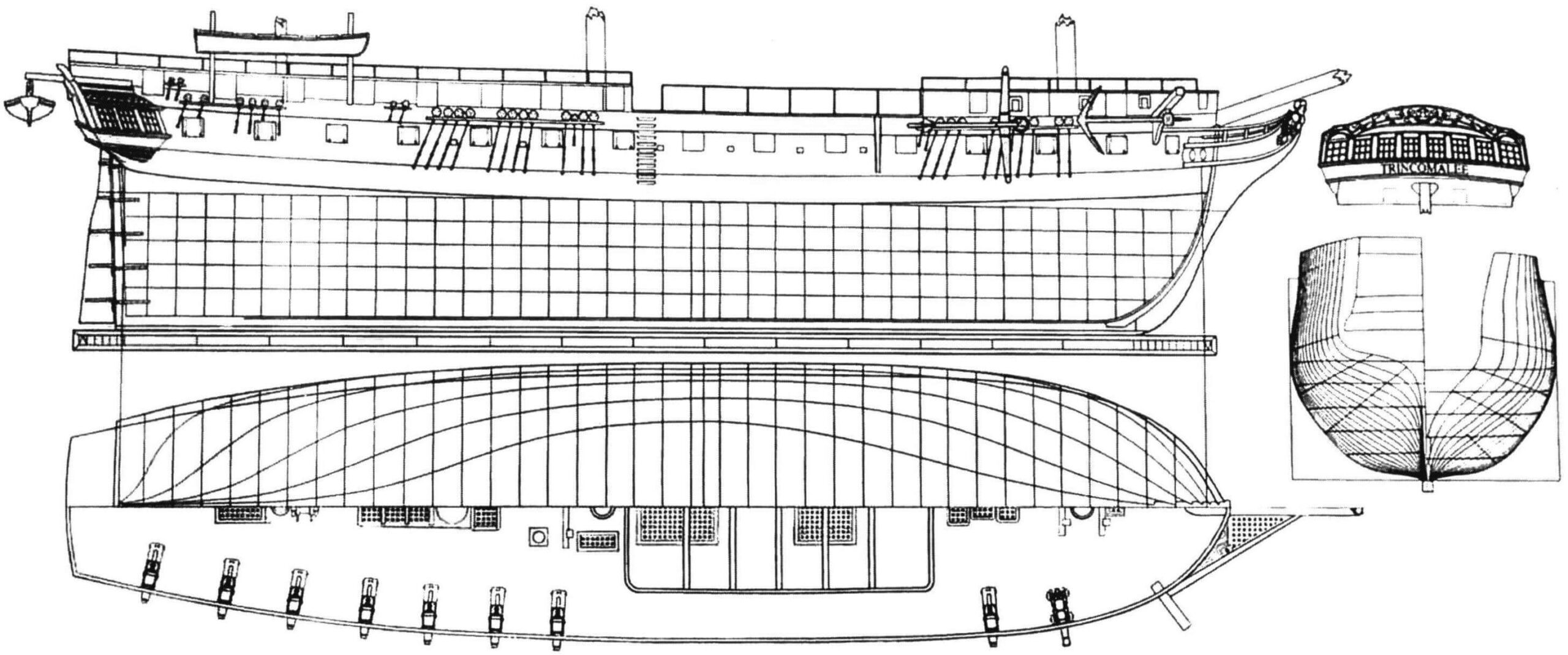 Обший вид и теоретический чертеж фрегата «Тринкомали»: вид сбоку, вид сверху и полуширота, проекция «корпус», деталировка кормовой части