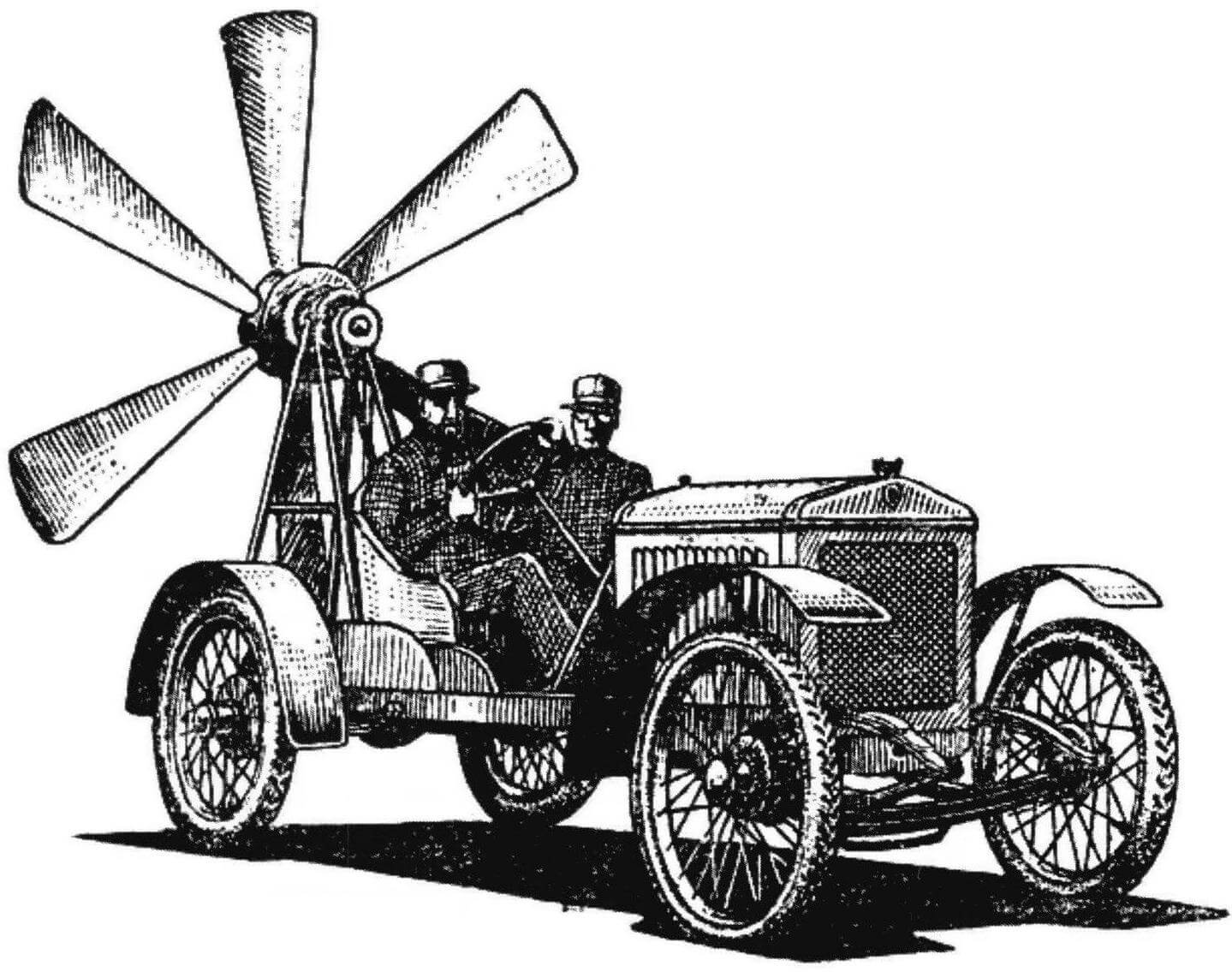 Первые аэромобили напоминали «ветряные мельницы на колесах» (иллюстрация начала XX века)