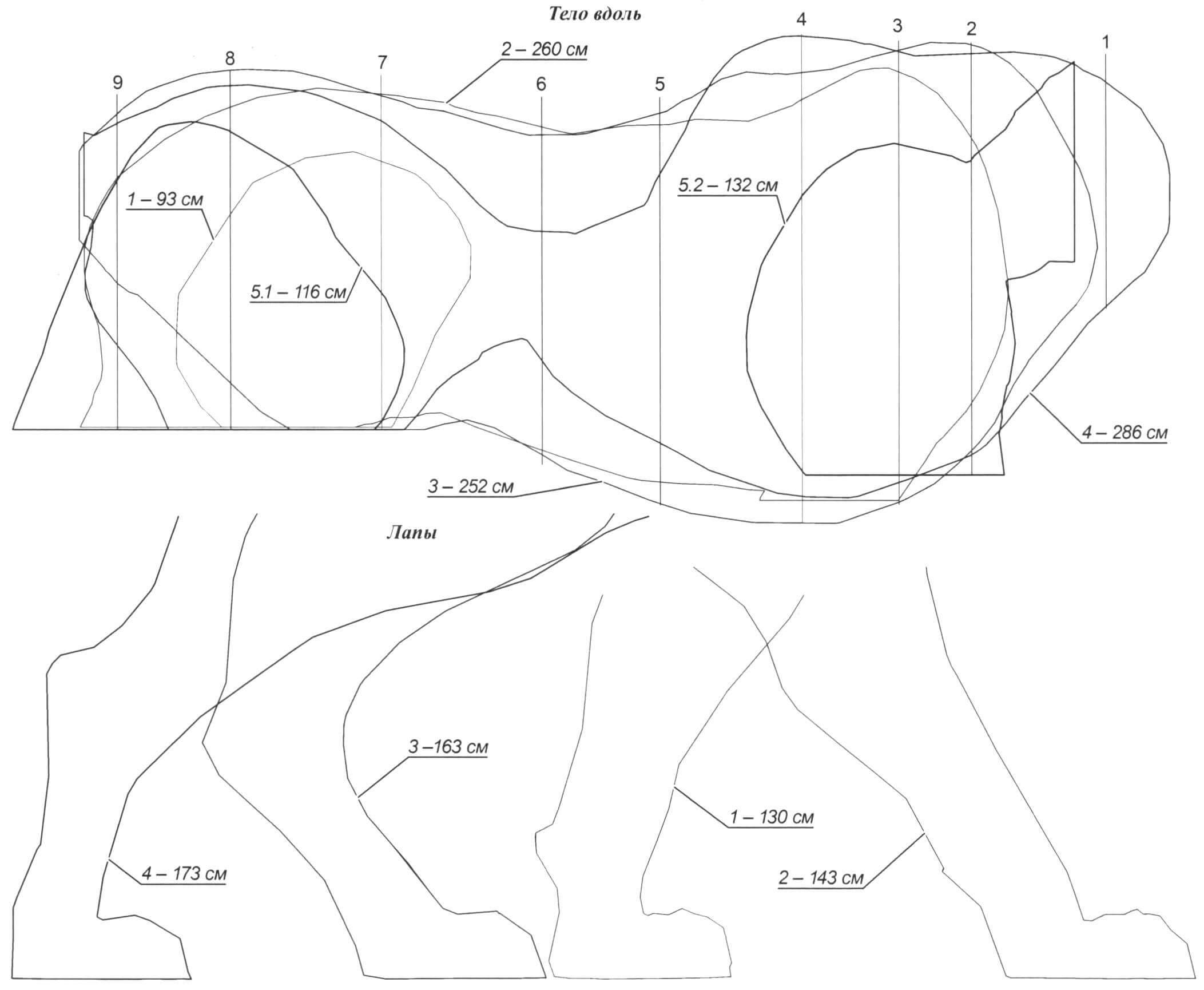 Конфигурация элементов каркаса пантеры с указанием длин проволочных заготовок