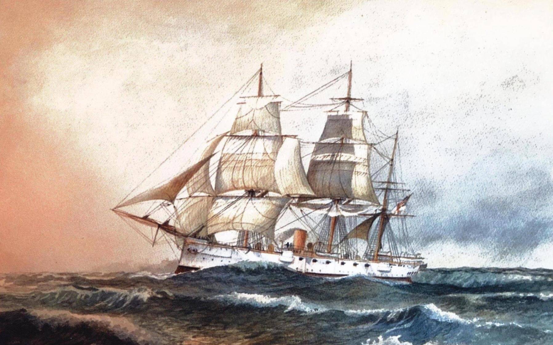 Корвет «Каллиопа» на океанском переходе под парусами (1887 год)