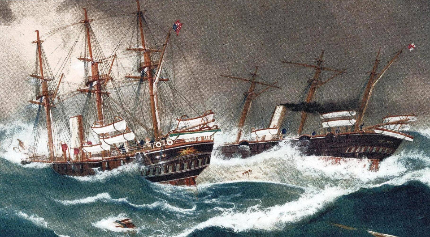 «Каллиопа» и американский фрегат «Трентон» во время шторма в порту Апиа. Картина Д. Грегори, 1892 год
