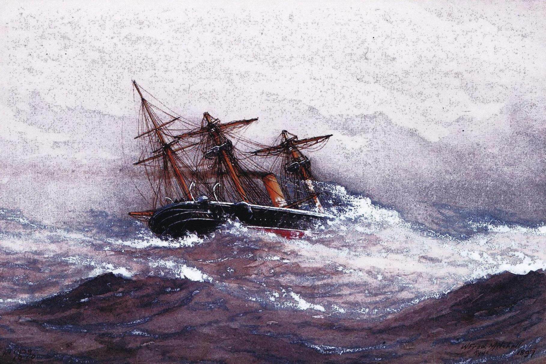 «Каллиопа» в открытом море уходит от урагана. Картина У. Митчела