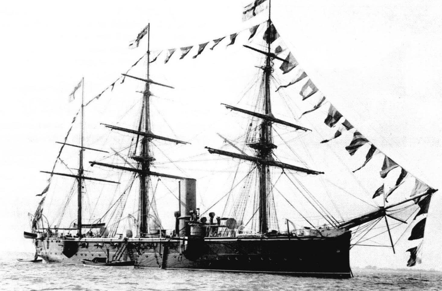 «Каллиопа», украшенная флагами расцвечивания и стеньговыми флагами. Так же выглядел крейсер 3-го класса и во время празднования 100-летней годовщины основания колонии Новый Южный Уэльс