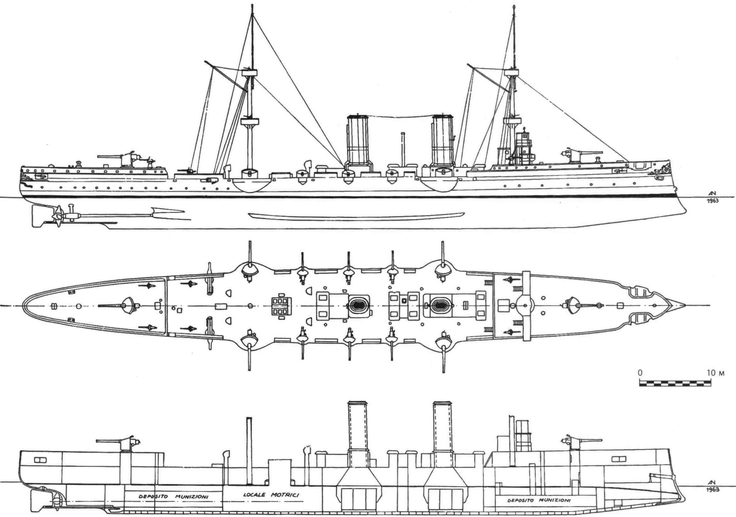 Бронепалубный крейсер «Пьемонт», 1889 год. Схема общего вида и продольный разрез