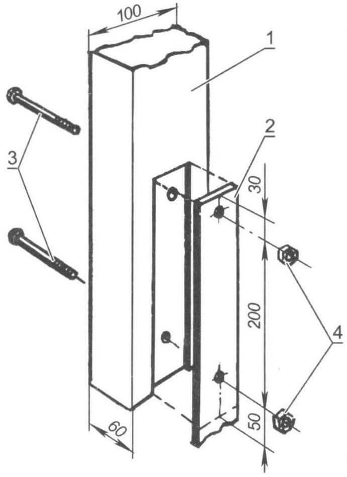 Узел соединения стойки (1) и подпятника (2) с помощью болтов (3) и гаек (4)