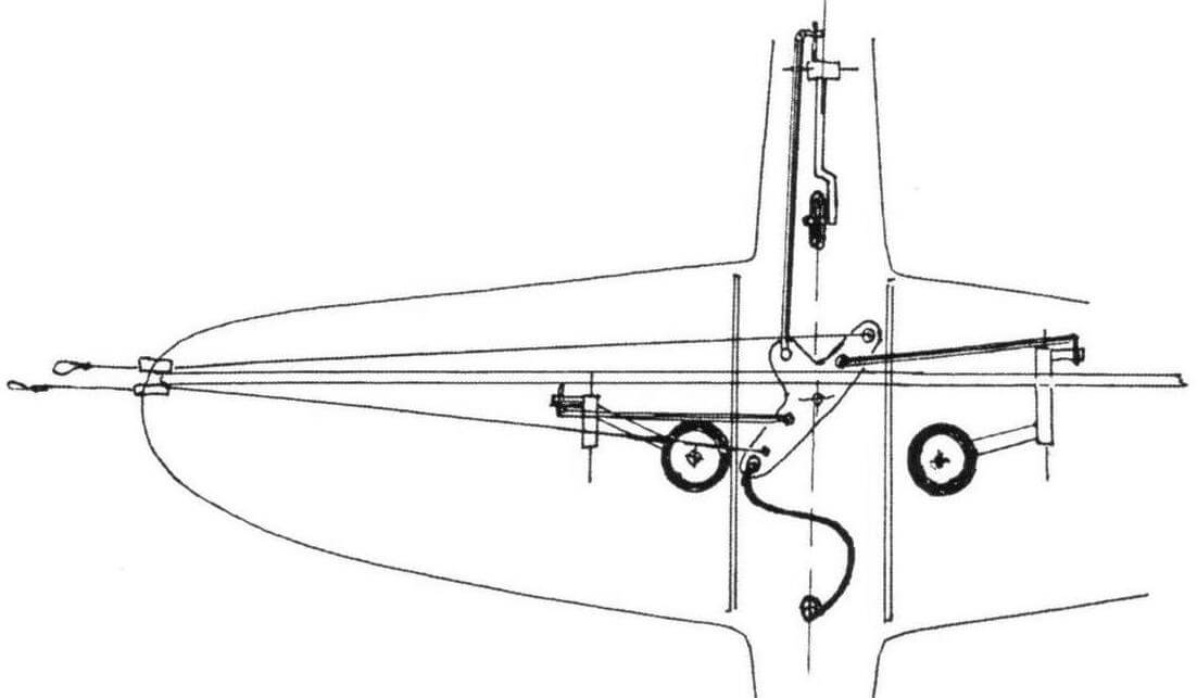 Схема механизма уборки-выпуска шасси на модели самолета Р-39 «Аэрокобра» (положение - шасси убрано)