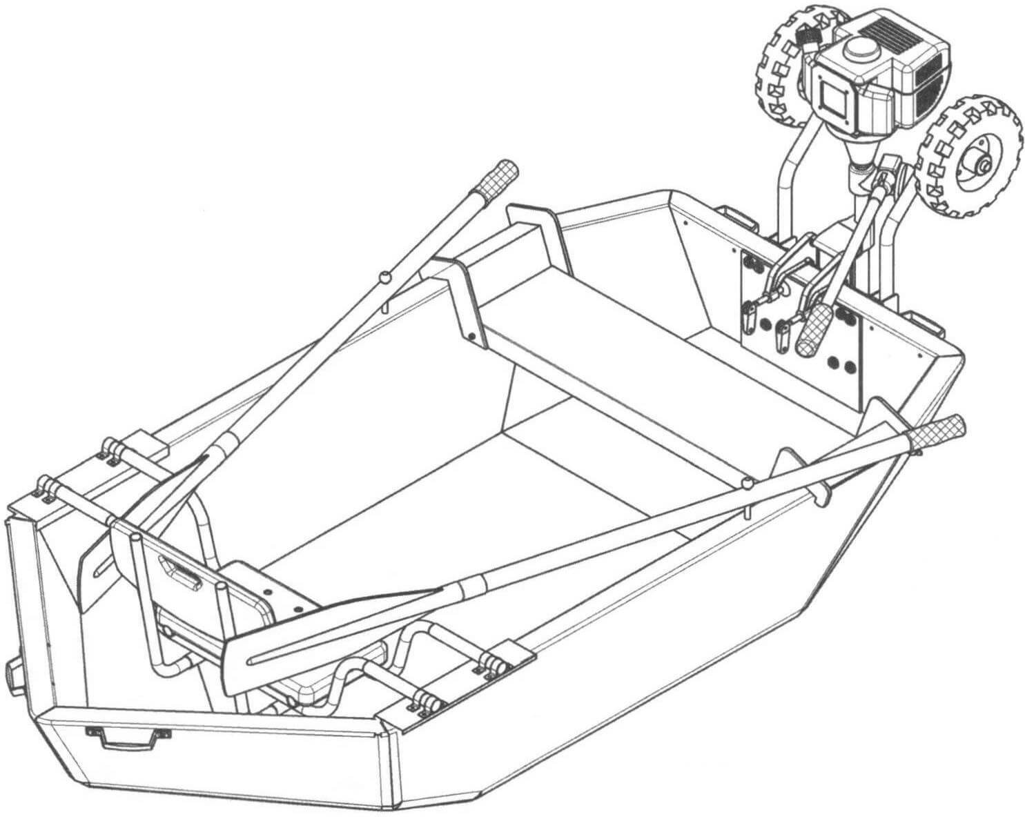 Общий вид лодки в полной комплектации с банками для двух пассажиров, мотором и транцевыми колесами в поднятом положении
