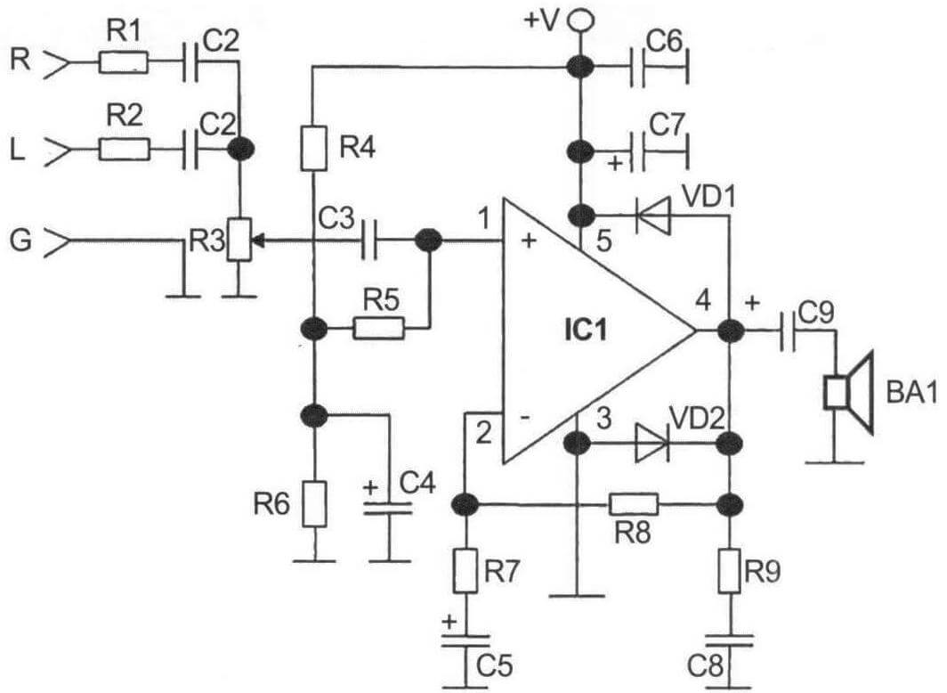 Принципиальная схема УЗЧ мощностью 15-20 Вт на ИМС TDA2030А с сумматором входного стереофонического сигнала