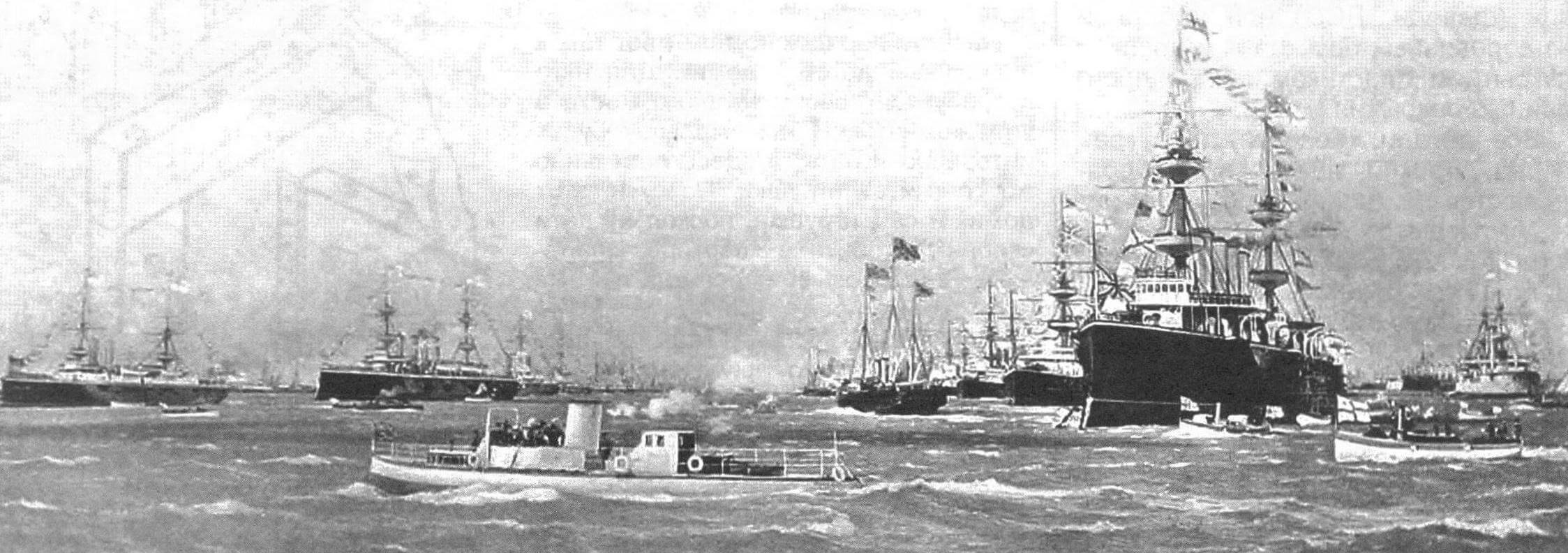 «Турбиния» на «Бриллиантовом Ревю», 26 июня 1897 года. Новаторское судно Парсонса, ставшее возмутителем спокойствия, легко уходит от преследователя - быстроходного парового катера (запечатлен справа внизу)