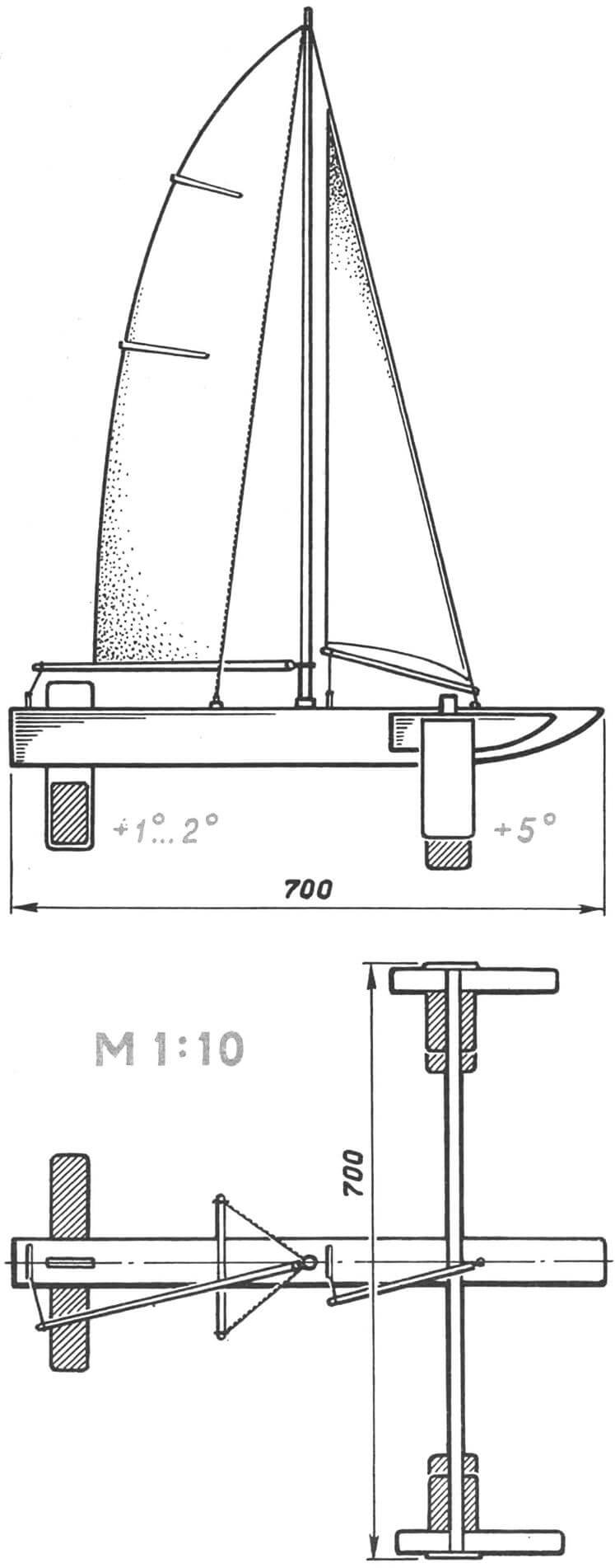 Рис. 3. Модель неуправляемой яхты на подводных крыльях с глиссирующей самолетной схемой.