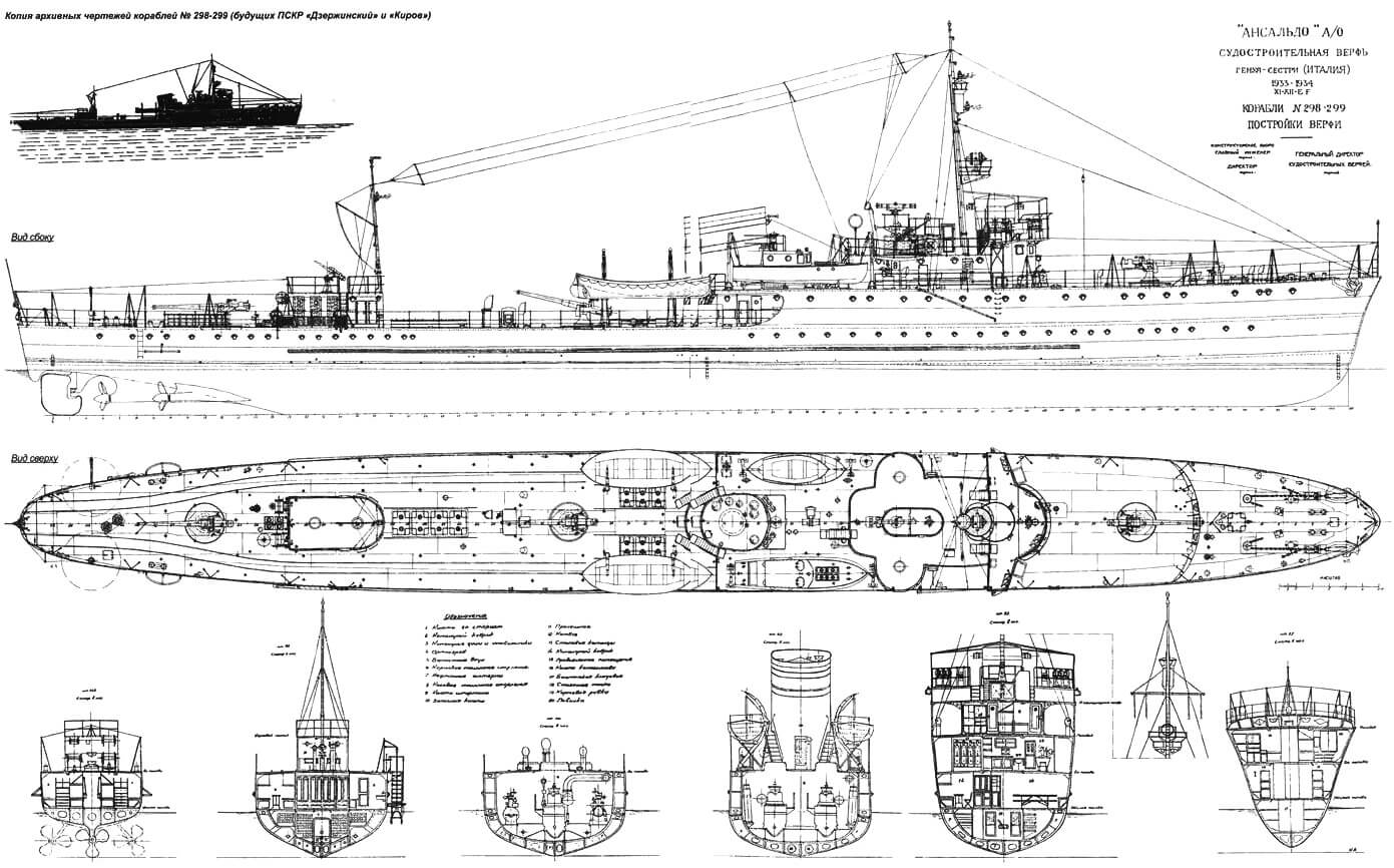 Копия архивных чертежей кораблей № 298-299 (будущих ПСКР «Дзержинский» и «Киров») 