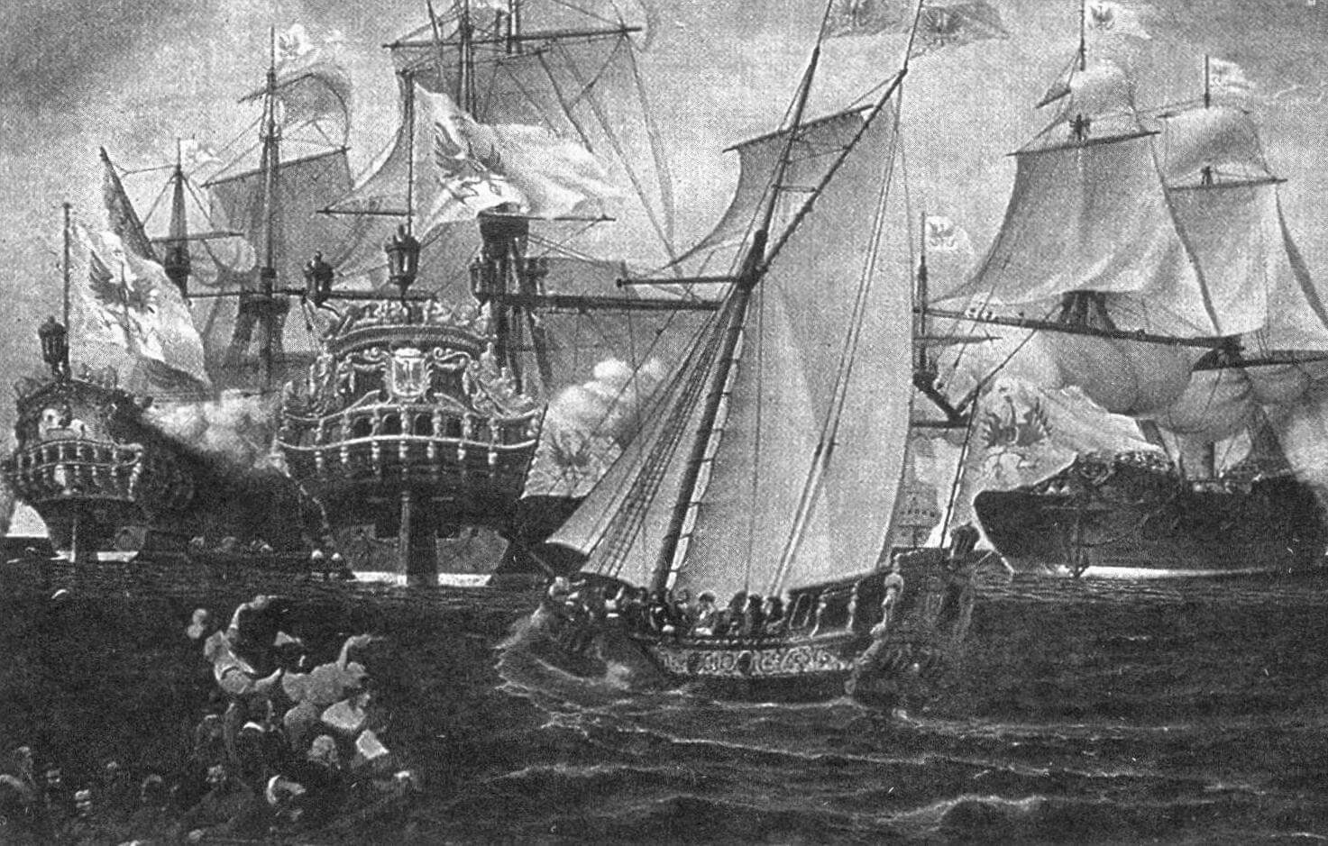 Смотр бранденбургского флота курфюрстом, на переднем плане изображена «Большая яхта»
