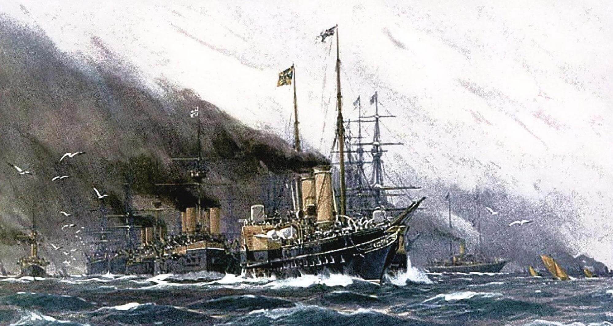 Императорская яхта «Гогенцоллерн» возглавляет строй германских кораблей во время визита кайзера Вильгельма II в Россию в 1888 году