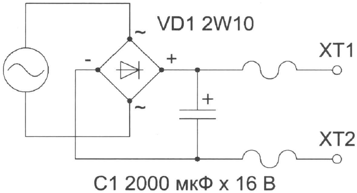Электрическая принципиальная схема устройства для «прозвонки» цепей, изготовленного из фонаря с динамо-машиной