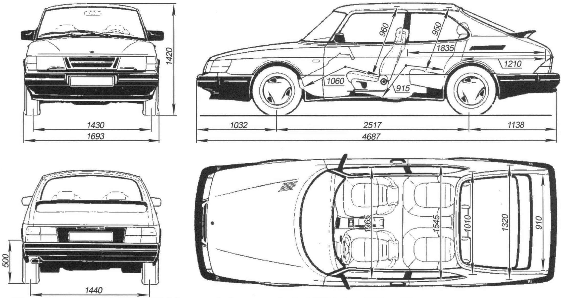 Габаритный чертеж автомобиля Saab 900 Turbo
