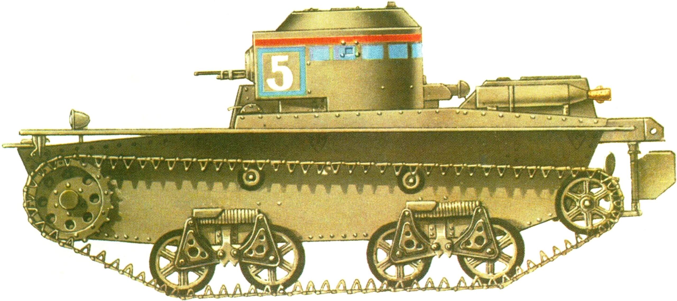 ТАНК Т-38 в «парадной» окраске, принятой в Красной Армии середины 30-х годов. Белая «пятерка» — номер не машины, а шеренги в строю парадного расчета.