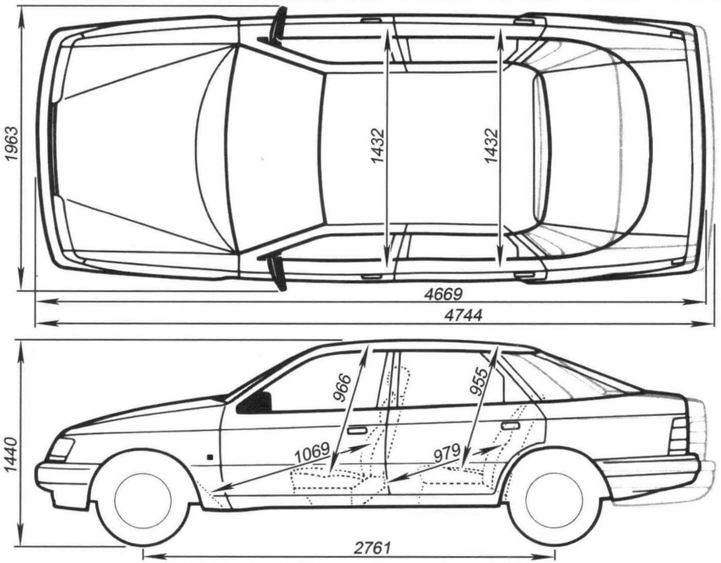Габаритный чертеж лифтбека и седана Ford Scorpio 1990 года